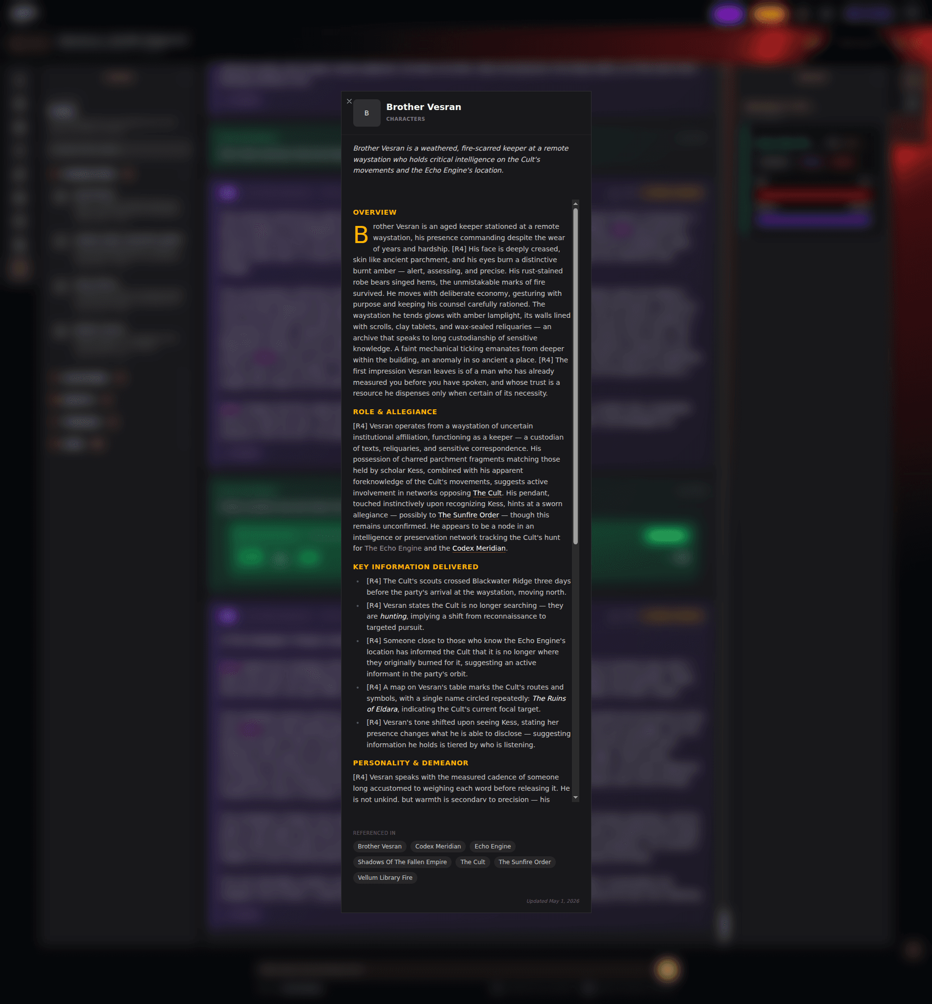 A Codex article open for Brother Vesran, showing his portrait initial, the one-line summary, sections for Overview, Role and Allegiance, and Key Information, with clickable backlinks to The Cult, The Sunfire Order and Codex Meridian.