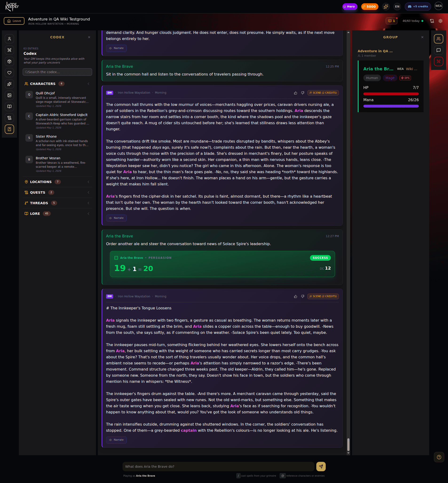 The Codex tab open inside a campaign, showing five accordion sections (Characters, Locations, Quests, Threads, Lore) with entry counts and a list of named NPCs.