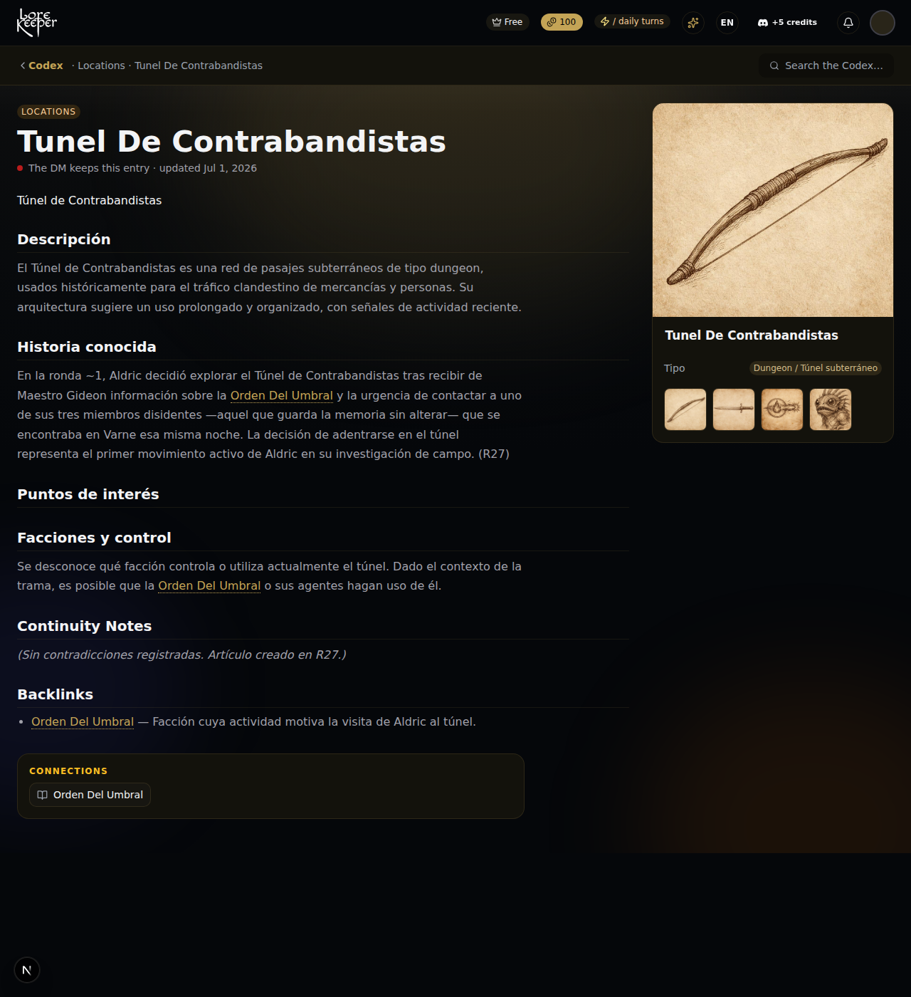 Una entrada del Códex en LoreKeeper: página de un PNJ con estado, primera aparición, conexiones con otras entidades y arte reutilizado del mundo de la campaña
